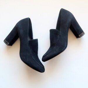 Michael Kors Black Suede Leather Block Heel Loafers Shoes Size 7.5